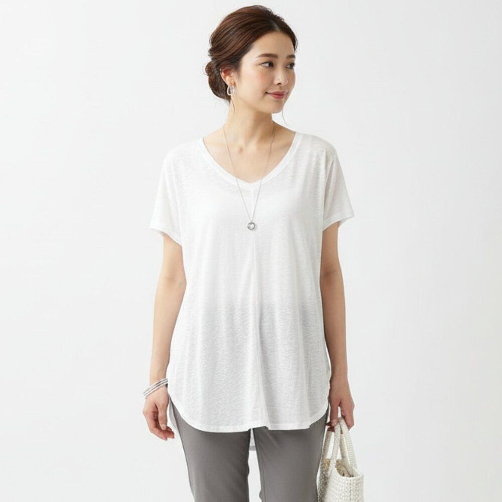 Tahari 100% Linen White V Neck Short Sleeve Tee T Shirt Top XL